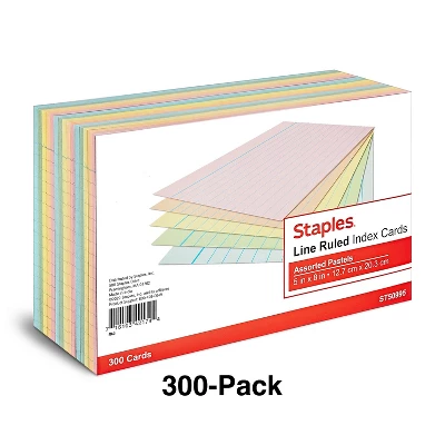 Staples 5" X 8" Line Ruled Assorted Pastel Index Cards 300/Pack (50995) TR50995 1 Staples 5" X 8" Line Ruled Assorted Pastel Index Cards 300/Pack (50995) TR50995