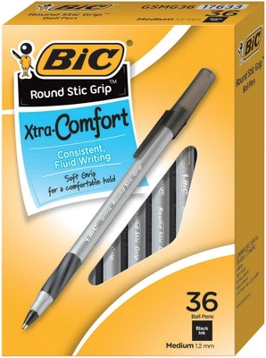 BIC Xtra Comfort Round Stick Pen, 1.2 Mm Medium Tip, Black, Pack Of 36 1 BIC Xtra Comfort Round Stick Pen, 1.2 Mm Medium Tip, Black, Pack Of 36