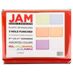 JAM Paper 6pk Plastic 3 Hole Punch Binder Envelopes With Zip Closure - Letter Booklet - 9 3/4 X 13 - Assorted -Creative Office Outlet Store GUEST 57042d53 622a 46d4 8f9f 645dce495030