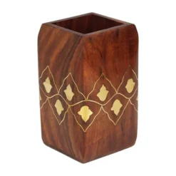 Store Indya Wooden Pen Pencil Office Stationary Holder Stand Hand Carved With Intricate Brass Inlay Design