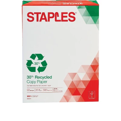 Staples 30% Recycled 8.5" X 11" Copy Paper 20 Lbs 92 Brightness 500/RM 492071 1 Staples 30% Recycled 8.5" X 11" Copy Paper 20 Lbs 92 Brightness 500/RM 492071